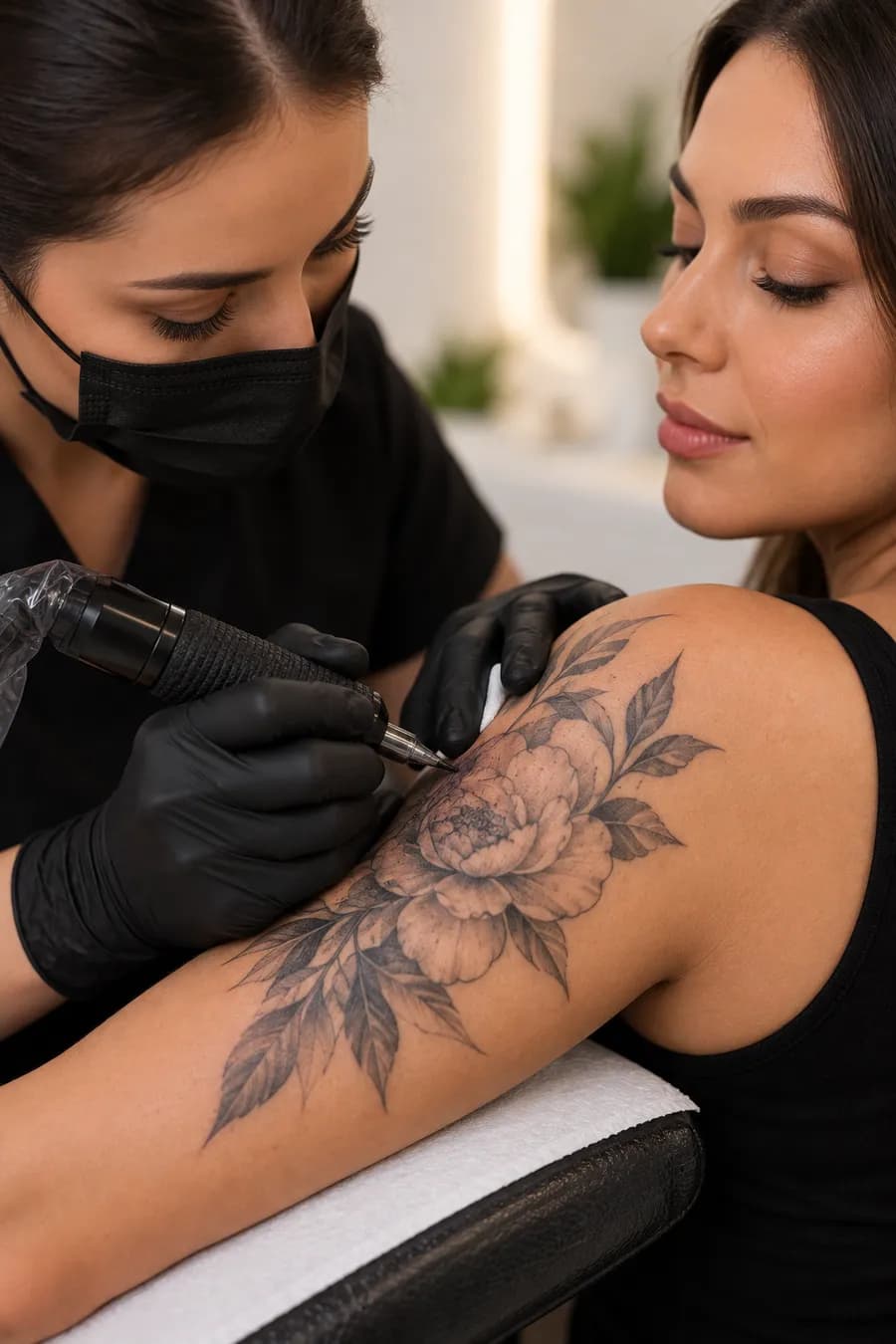 A tattoo being applied to the upper arm with a tattoo machine