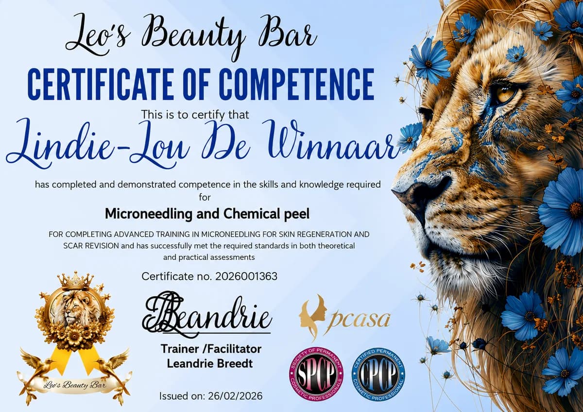 Certificate of competence in Microneedling and Chemical Peel, issued by Leo's Beauty Bar in February 2026