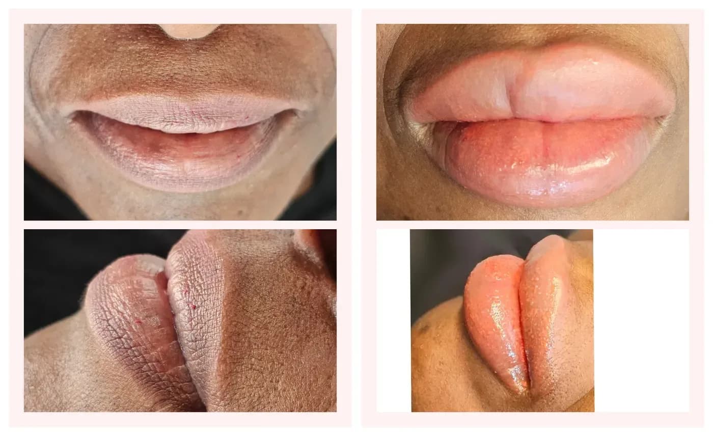 A second lip blush comparison, showing a more defined lip border and more even colour
