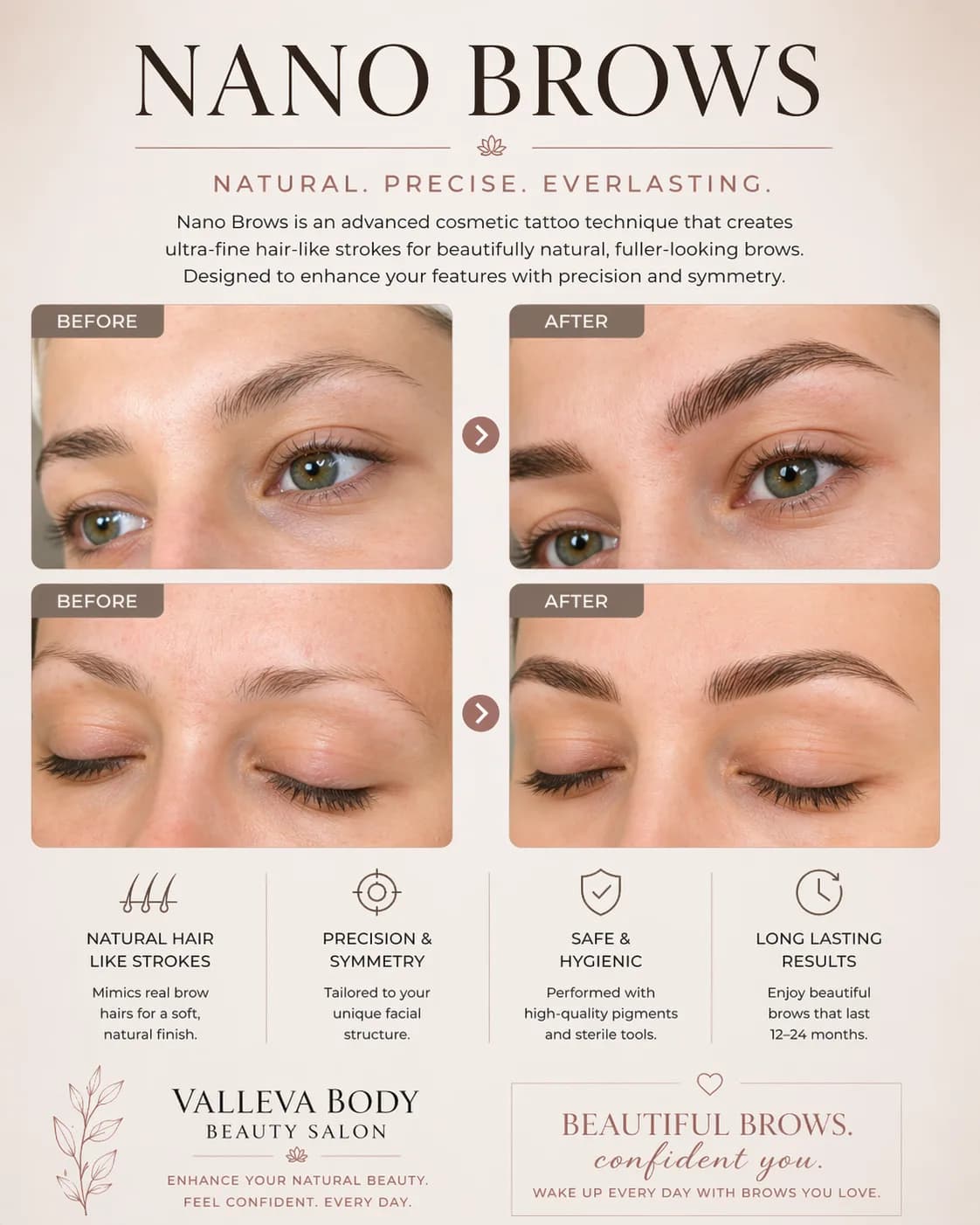 Two nano brows before and after pairs, one open-eyed and one closed, showing hair-stroke brows with precision and symmetry.
