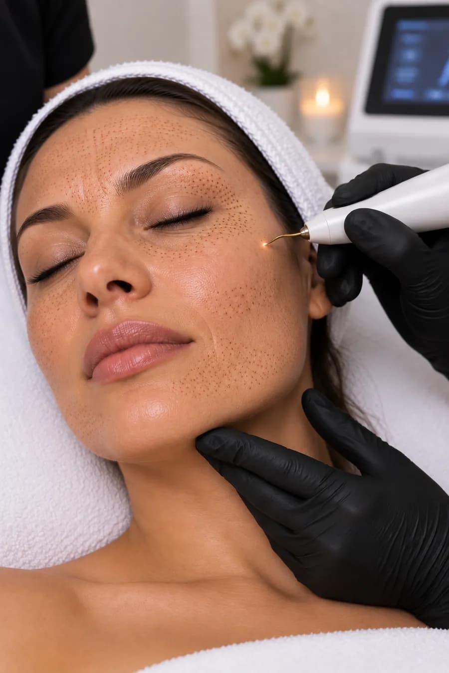 A plasma fibroblasting pen treating fine lines across the cheek
