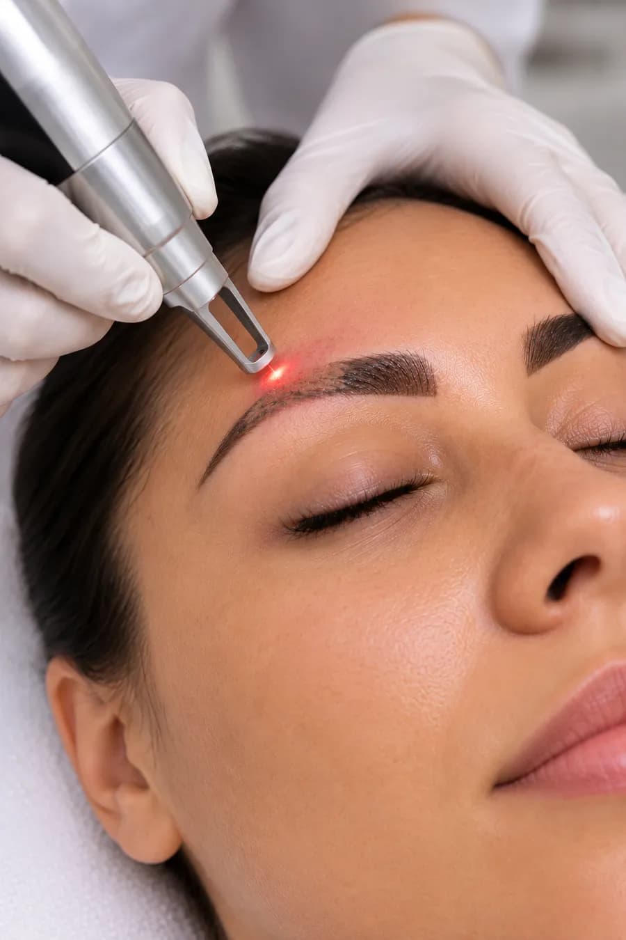 A removal laser passing over an existing permanent make-up brow