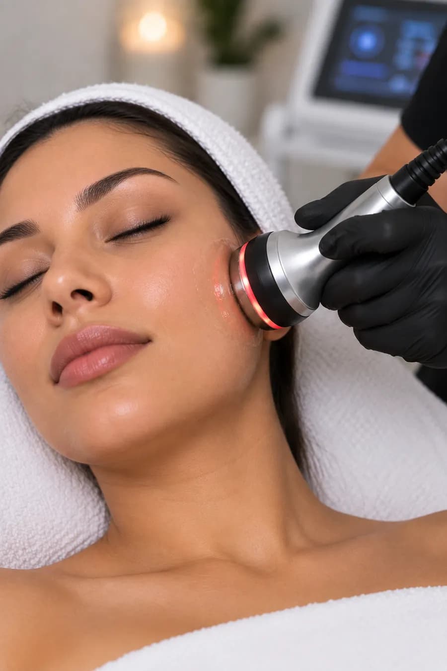 A radio frequency handpiece warming the skin along the cheek and jaw